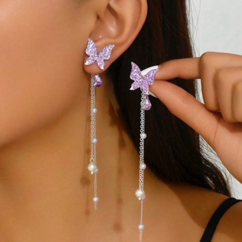 Purple Butterfly Pearl Tassel Earrings for women